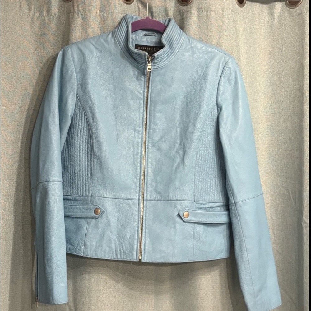 Kenneth Cole New York Women’s Sky Blue Leather Jacket Moto Sz Large